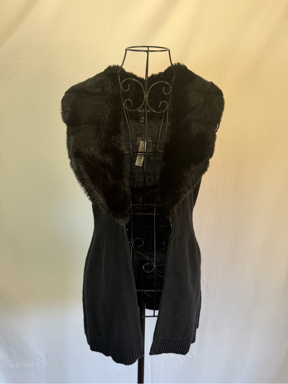 White House Black Market Black Faux Fur Collar Knit Vest